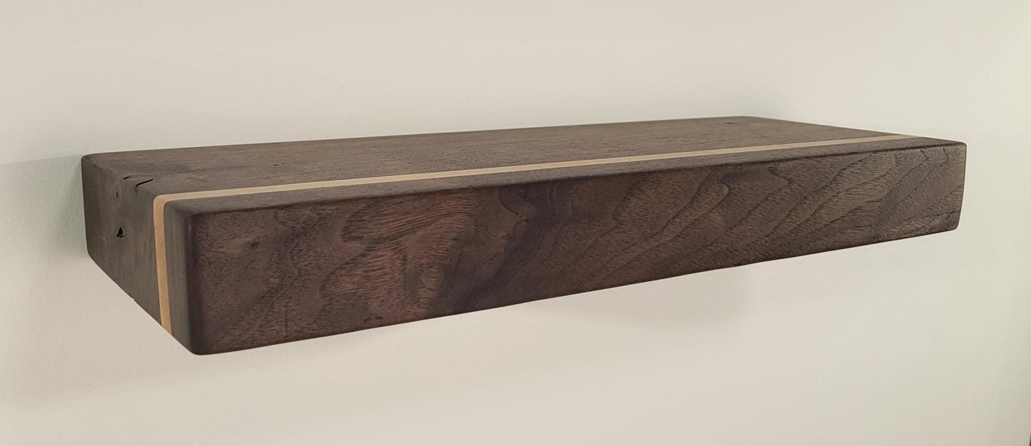 Walnut Floating Shelf with Maple, Minimalist Mid Century Modern Hardwood, Hidden Bracket, 1.75" Thick