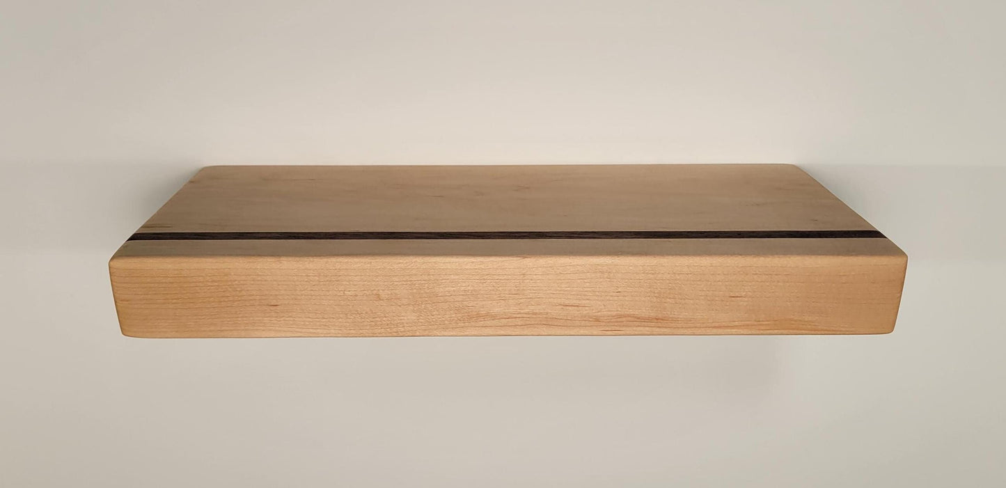Maple Floating Shelf with Walnut, Minimalist Mid Century Modern Hardwood, Hidden Bracket, 1.75" Thick