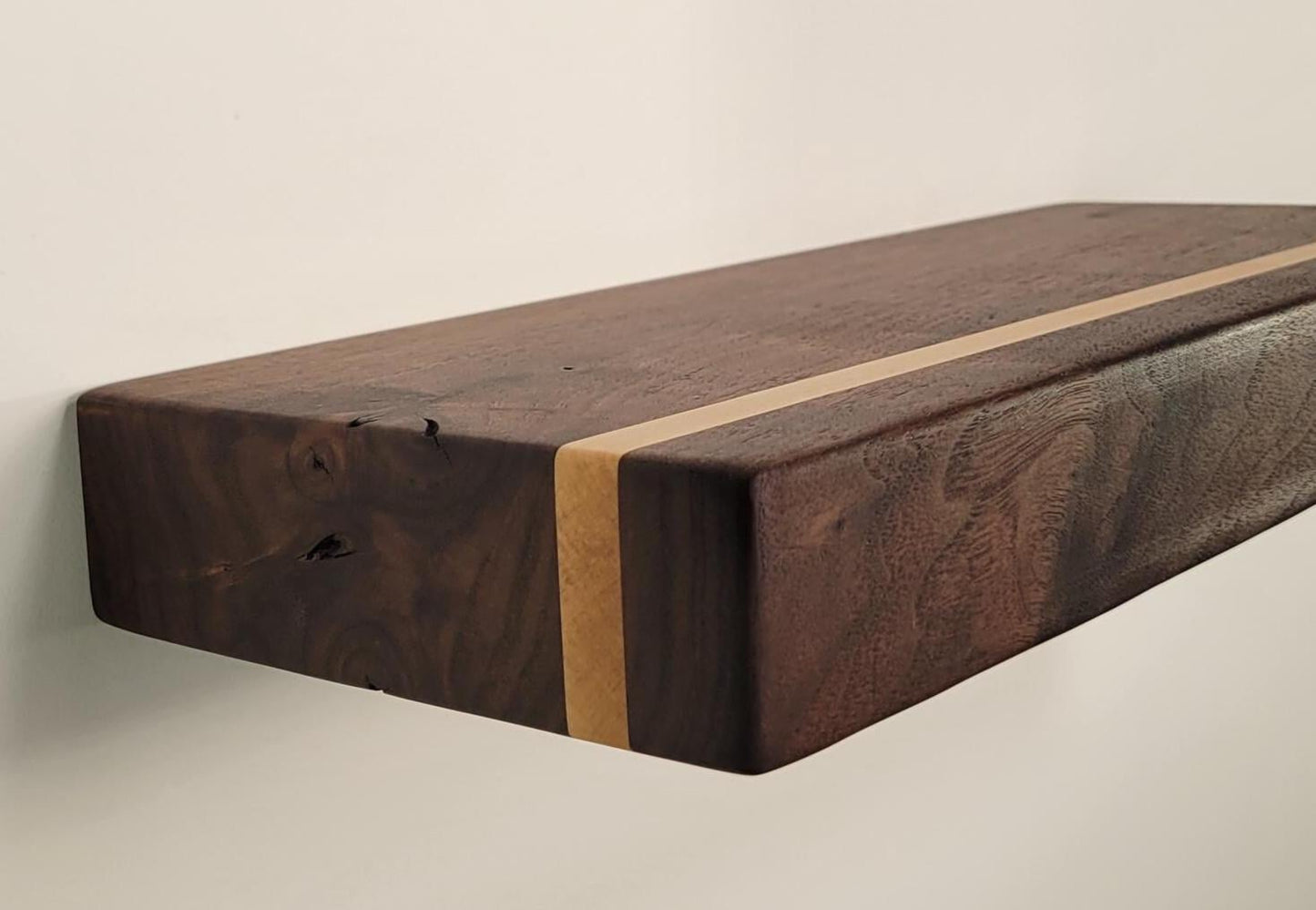 Walnut Floating Shelf with Maple, Minimalist Mid Century Modern Hardwood, Hidden Bracket, 1.75" Thick