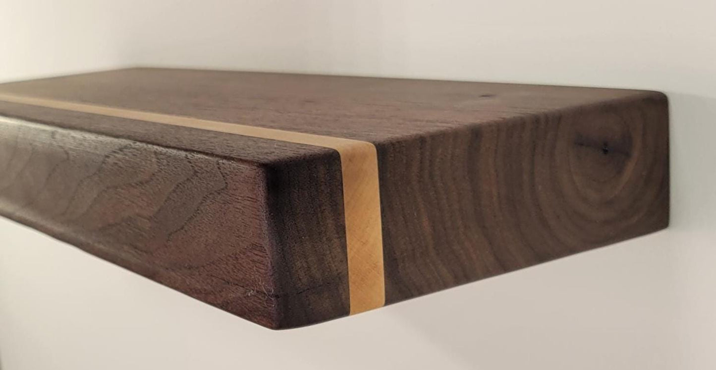 Walnut Floating Shelf with Maple, Minimalist Mid Century Modern Hardwood, Hidden Bracket, 1.75" Thick