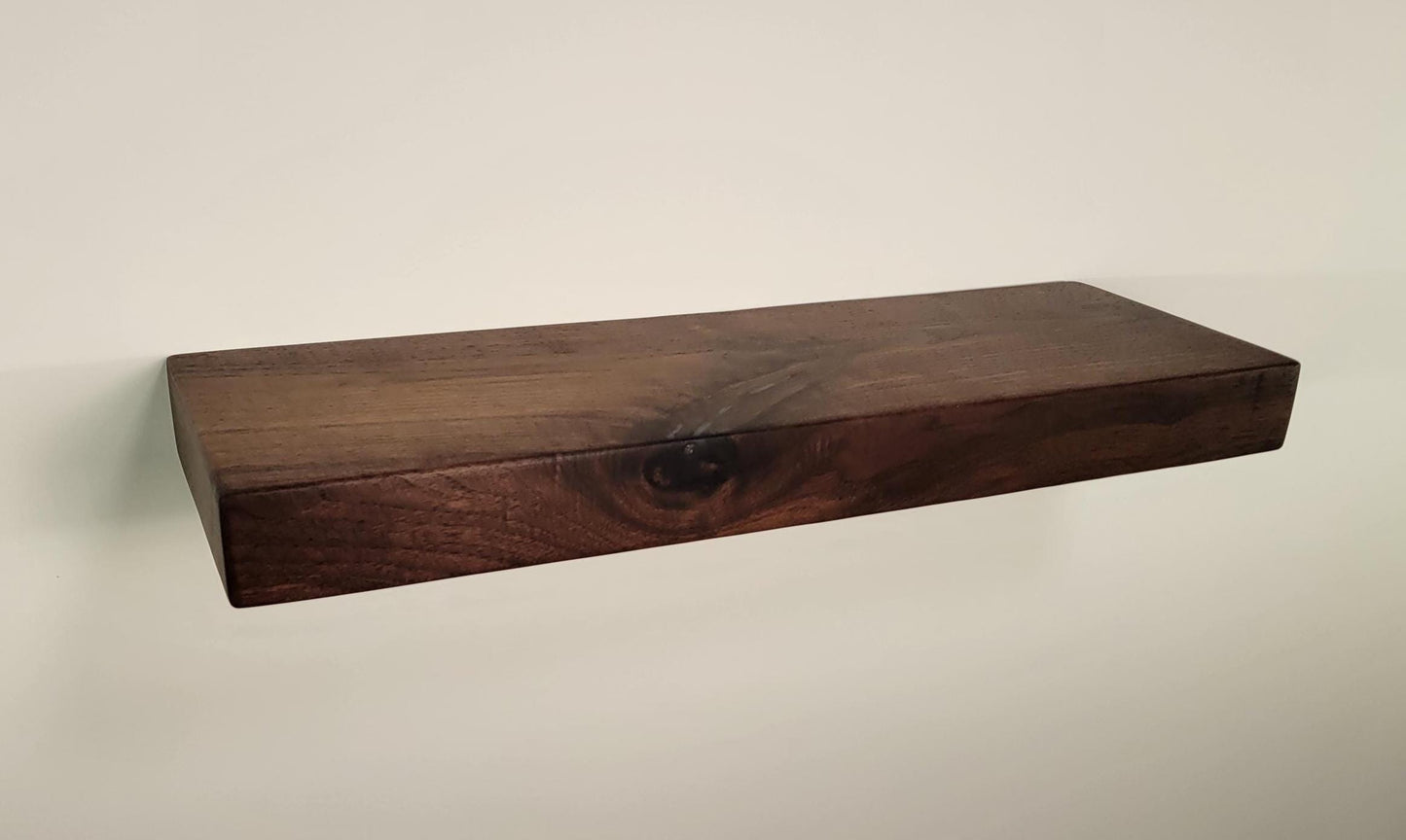 Walnut Floating Shelf,  Mid Century Modern Minimalist American Hardwood, Hidden Bracket, 1.75" Thick