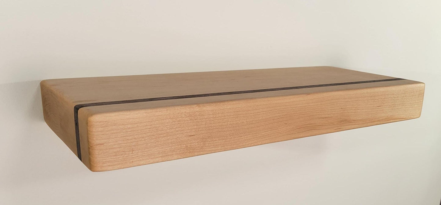 Maple Floating Shelf with Walnut, Minimalist Mid Century Modern Hardwood, Hidden Bracket, 1.75" Thick