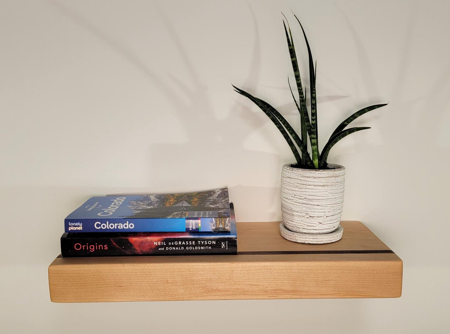 Maple Floating Shelf with Walnut, Minimalist Mid Century Modern Hardwood, Hidden Bracket, 1.75" Thick