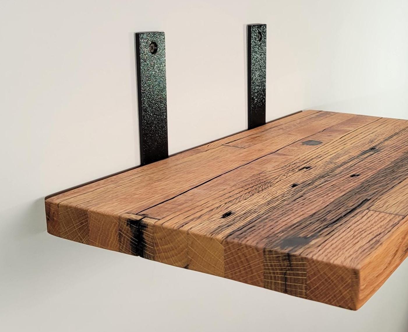 Reclaimed Oak Shelves, Mid Century Modern American Hardwood, with Brackets, Recycled Cargo Trailer Flooring