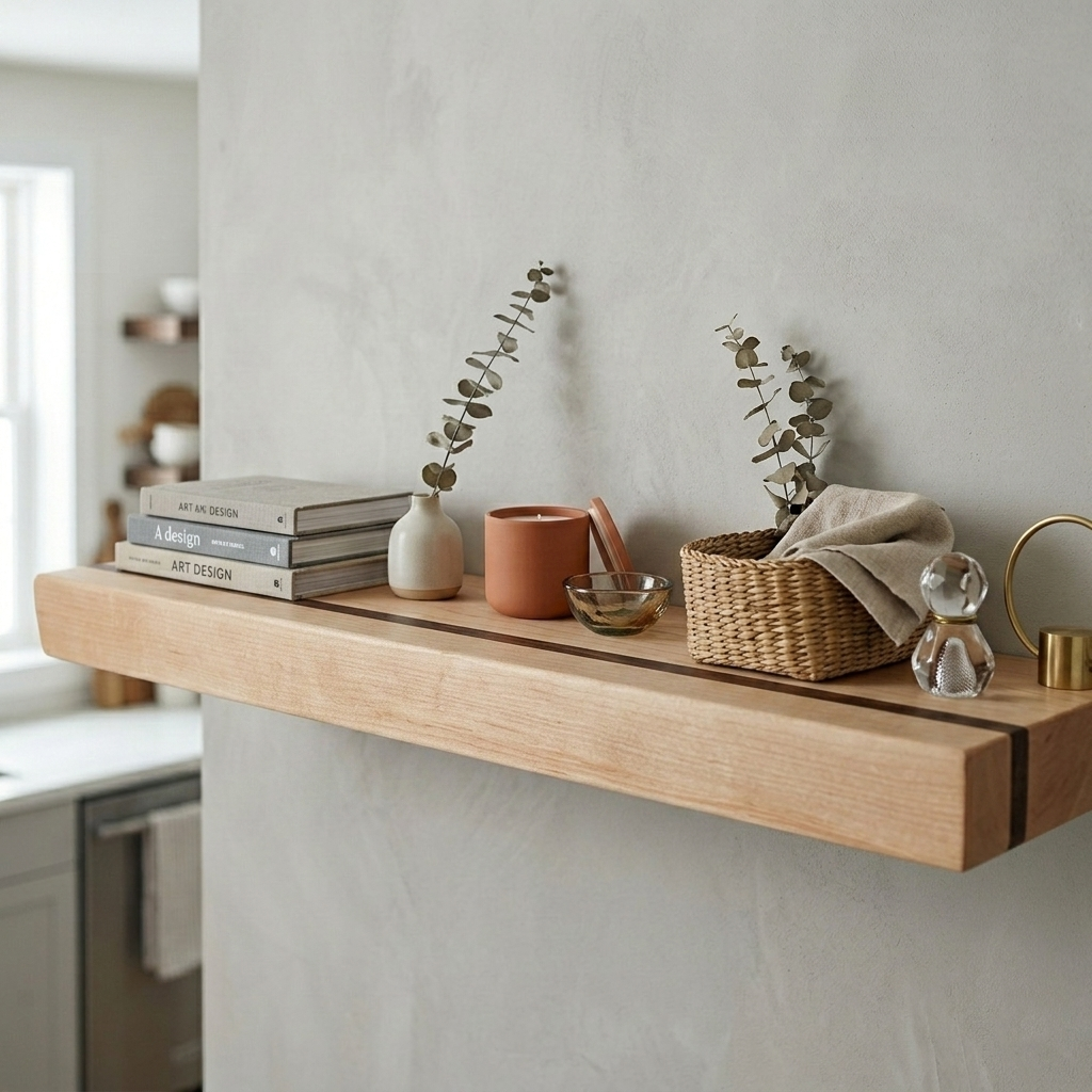 Maple Floating Shelf with Walnut, Minimalist Mid Century Modern Hardwood, Hidden Bracket, 1.75" Thick