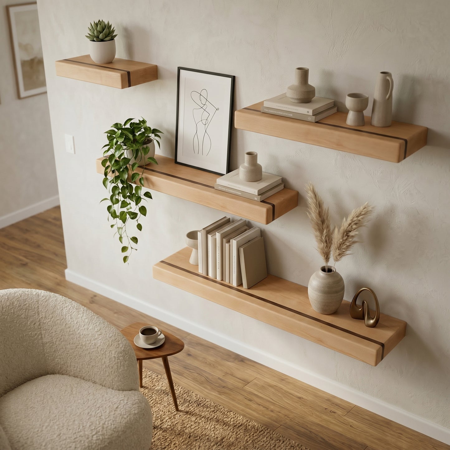 Maple Floating Shelf with Walnut, Minimalist Mid Century Modern Hardwood, Hidden Bracket, 1.75" Thick