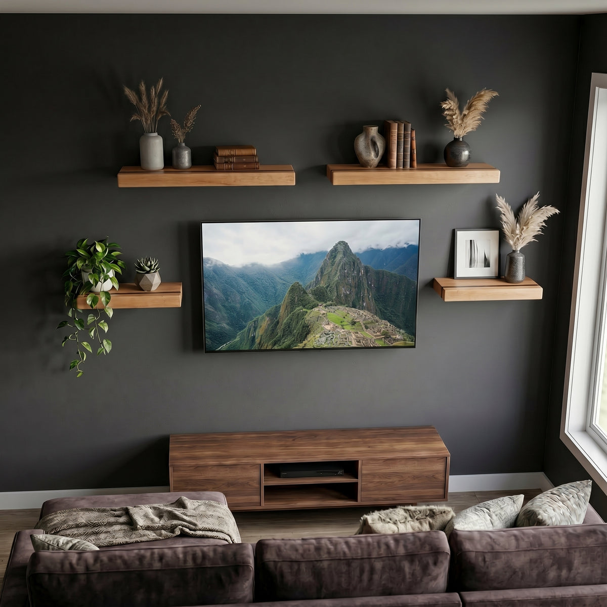 Maple Floating Shelf with Walnut, Minimalist Mid Century Modern Hardwood, Hidden Bracket, 1.75" Thick