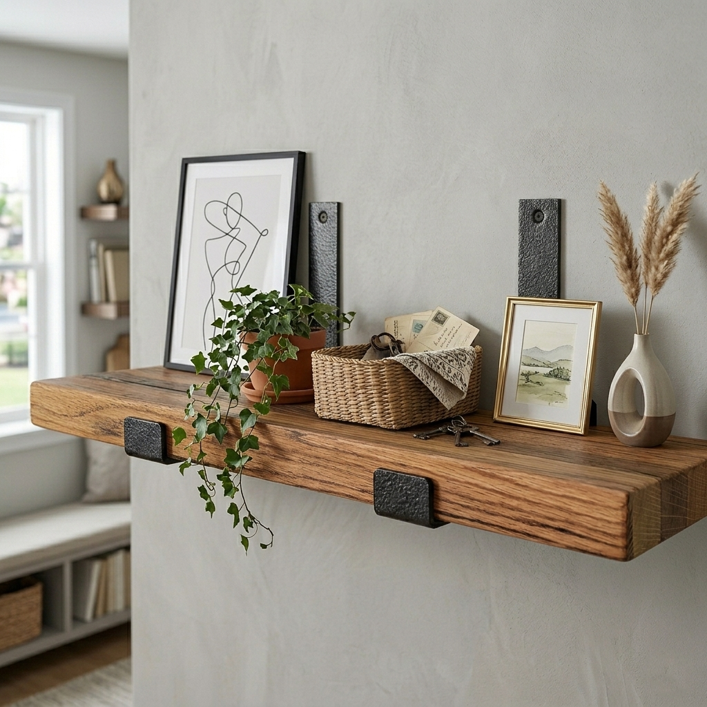 Reclaimed Oak Shelves, Mid Century Modern American Hardwood, with Brackets, Recycled Cargo Trailer Flooring