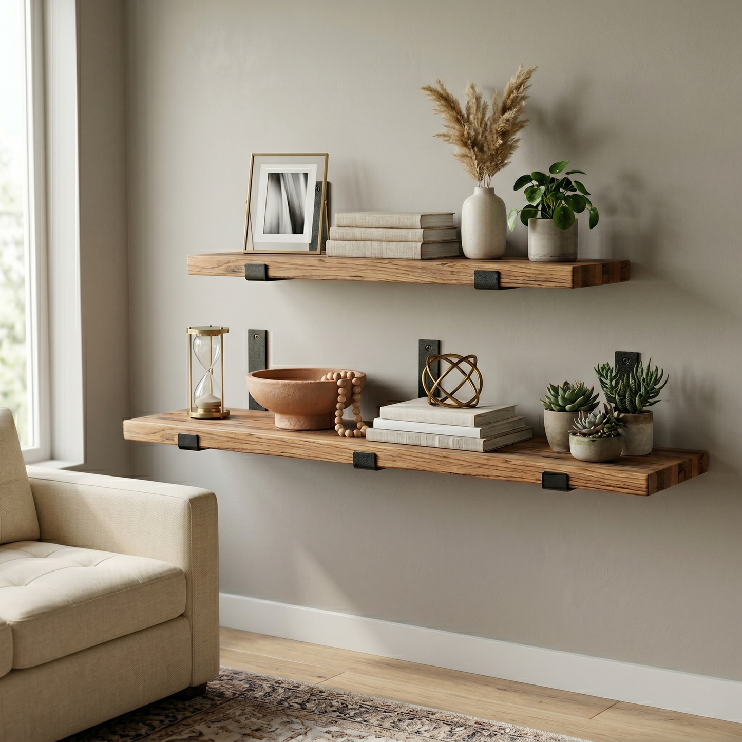 Reclaimed Oak Shelves, Mid Century Modern American Hardwood, with Brackets, Recycled Cargo Trailer Flooring