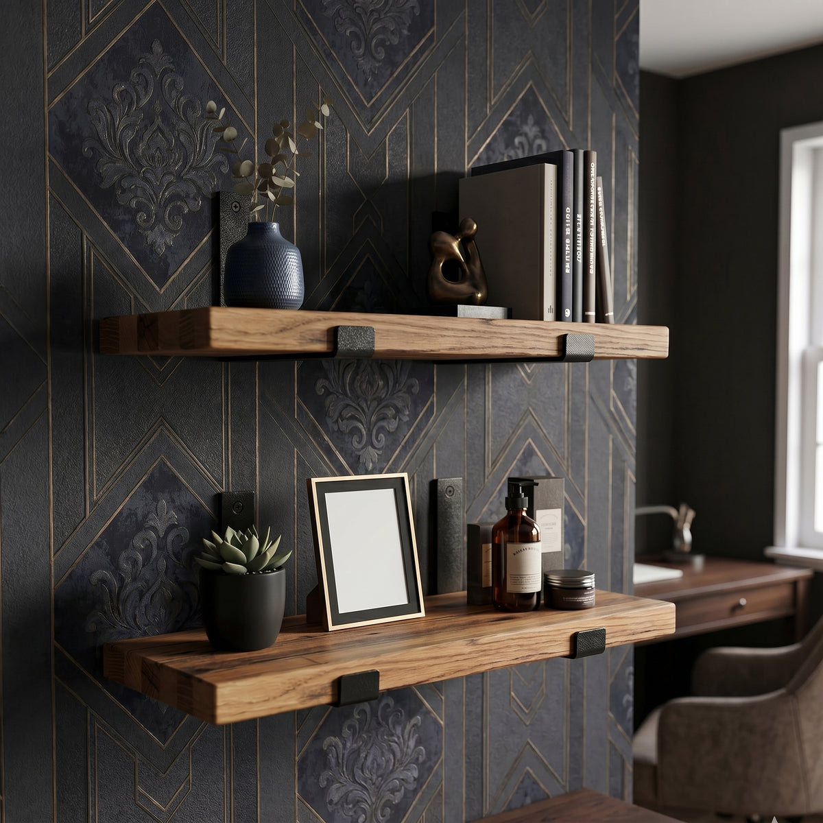 Reclaimed Oak Shelves, Mid Century Modern American Hardwood, with Brackets, Recycled Cargo Trailer Flooring