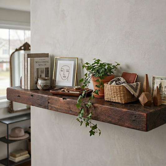 Reclaimed Floating Shelves, Plank Wood, Mid Century Modern Minimalist Sustainable,  Hidden Bracket, 1.4" Thick