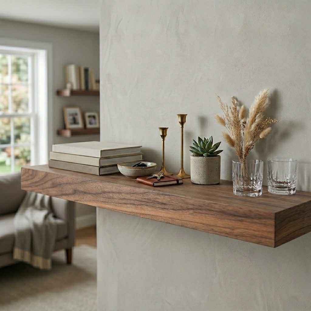 Walnut Floating Shelf, Squared Edges, Mid Century Modern Minimalist American Hardwood, Hidden Bracket