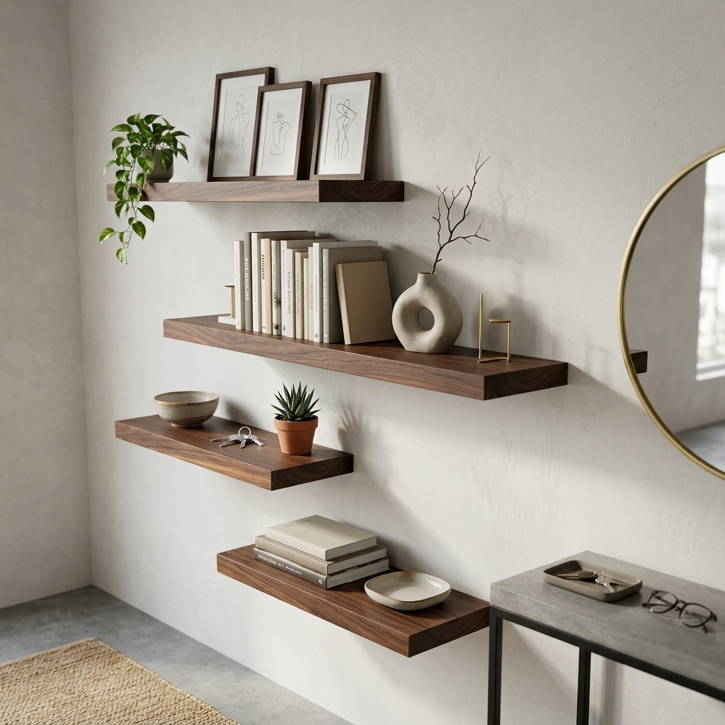 Walnut Floating Shelf, Squared Edges, Mid Century Modern Minimalist American Hardwood, Hidden Bracket