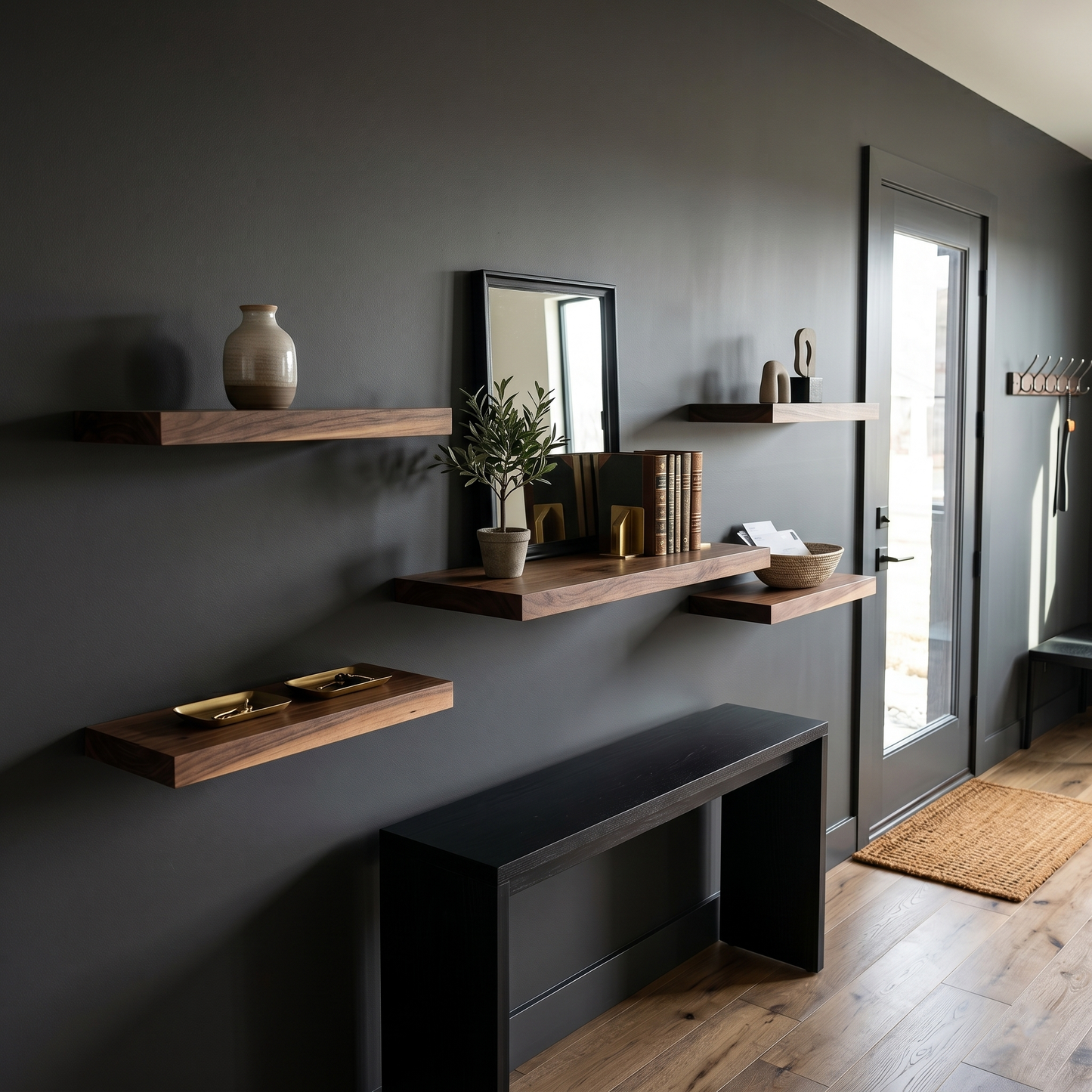 Walnut Floating Shelf, Squared Edges, Mid Century Modern Minimalist American Hardwood, Hidden Bracket