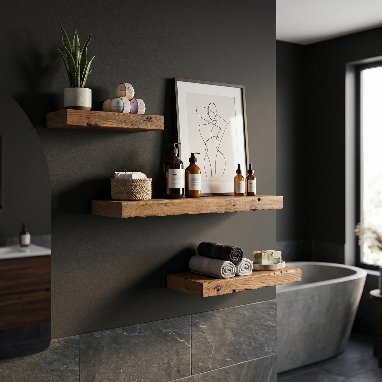 Reclaimed Rustic Wood Floating Shelf, Modern Natural Sustainable American Hardwood, Hidden Bracket, 1.5" Thick
