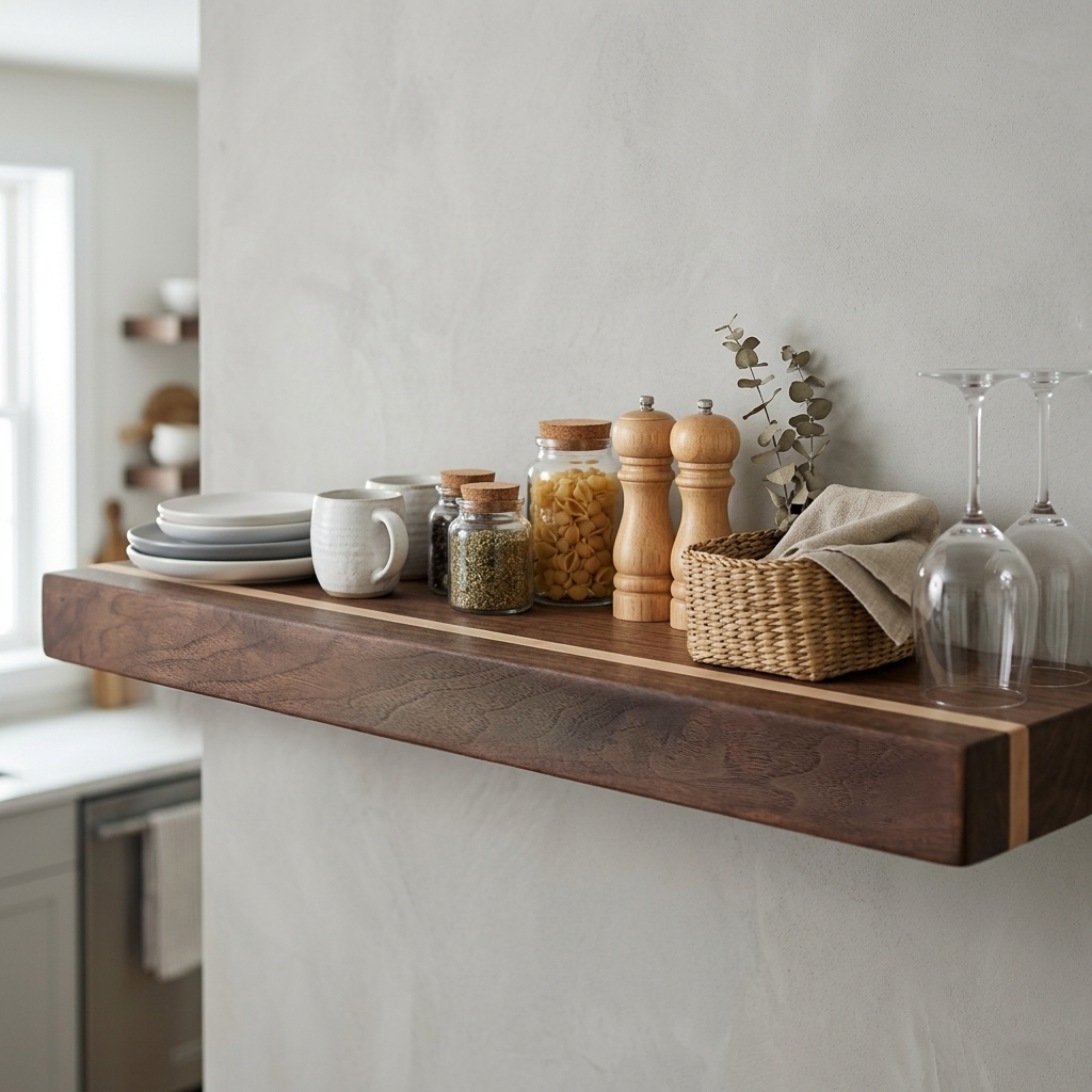 Walnut Floating Shelf with Maple, Minimalist Mid Century Modern Hardwood, Hidden Bracket, 1.75" Thick