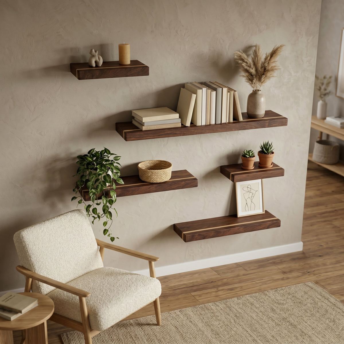 Walnut Floating Shelf with Maple, Minimalist Mid Century Modern Hardwood, Hidden Bracket, 1.75" Thick