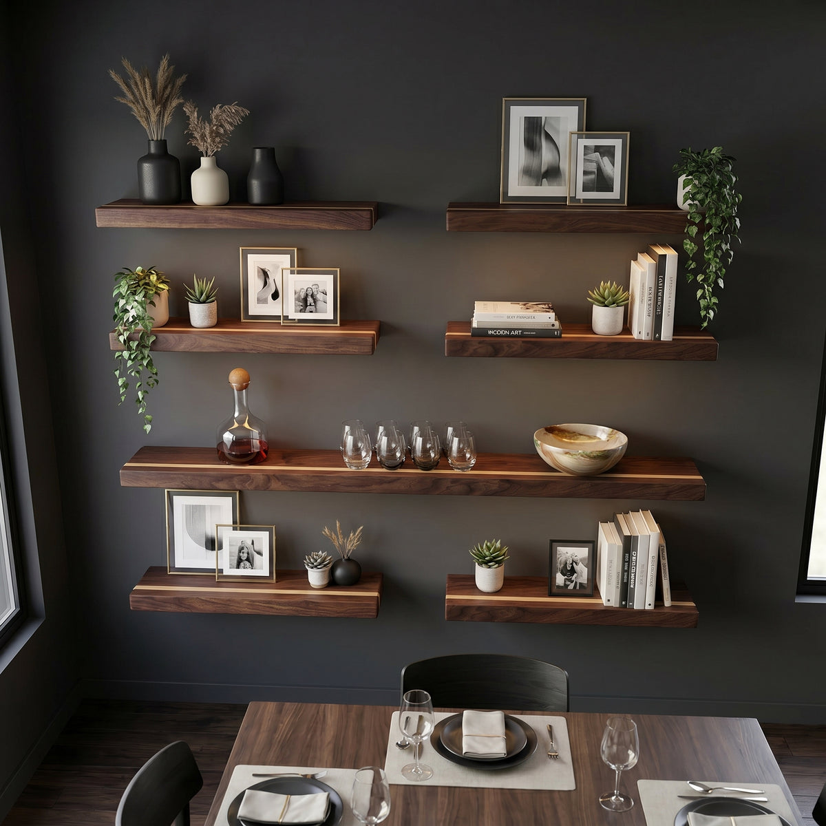 Walnut Floating Shelf with Maple, Minimalist Mid Century Modern Hardwood, Hidden Bracket, 1.75" Thick