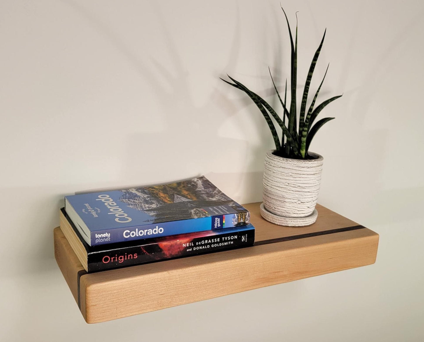 Maple Floating Shelf with Walnut, Minimalist Mid Century Modern Hardwood, Hidden Bracket, 1.75" Thick