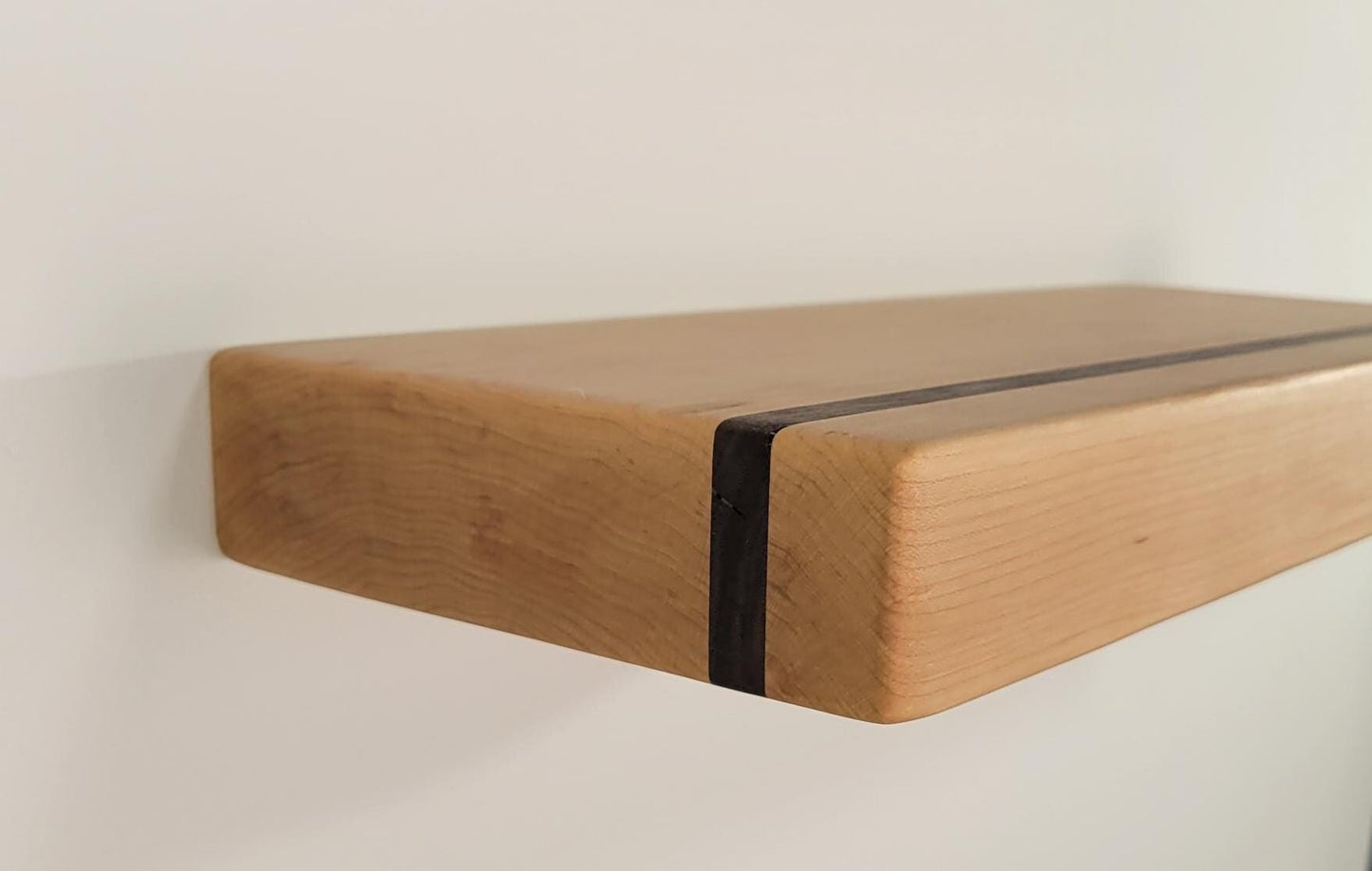 Maple Floating Shelf with Walnut, Minimalist Mid Century Modern Hardwood, Hidden Bracket, 1.75" Thick