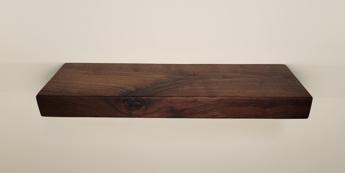 Walnut Floating Shelf,  Mid Century Modern Minimalist American Hardwood, Hidden Bracket, 1.75" Thick