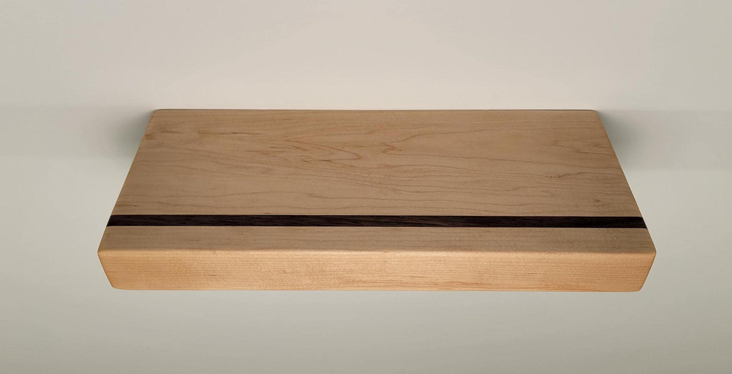 Maple Floating Shelf with Walnut, Minimalist Mid Century Modern Hardwood, Hidden Bracket, 1.75" Thick