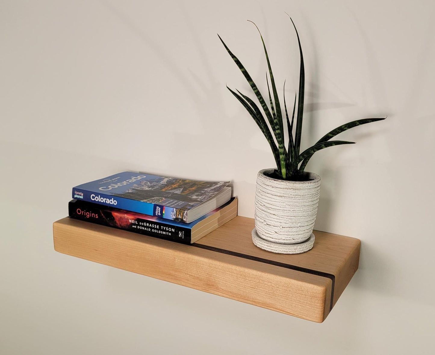 Maple Floating Shelf with Walnut, Minimalist Mid Century Modern Hardwood, Hidden Bracket, 1.75" Thick